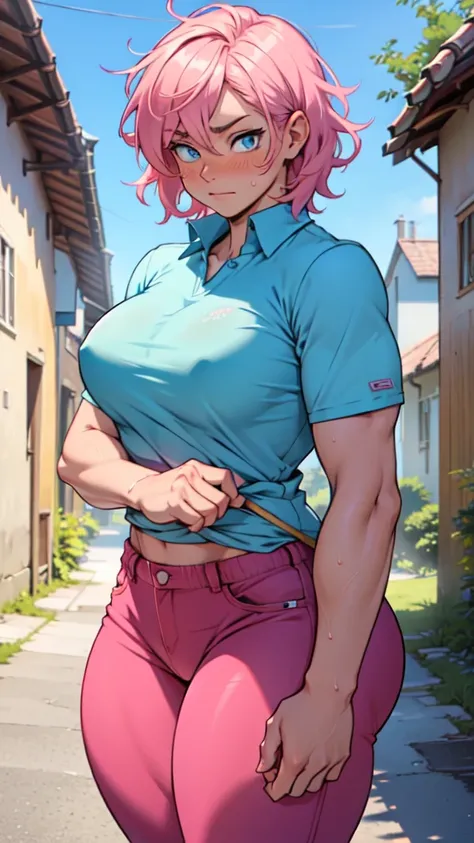 ((A muscular girl )),  short pink hair, beautiful perfect blue eyes,  blushed face, Shy,  tight shirt and tight pants,  slightly wet, giant breasts,  thick thighs , sexy, In a bright village , summer 