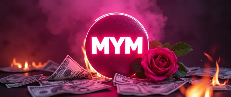 cover for Instagram ,  element at the bottom and at the top and in the middle with few elements to write,  at the bottom there are burning dollar bills ,  with the MYM logo Posted pink rose  , dark pink environment  . 