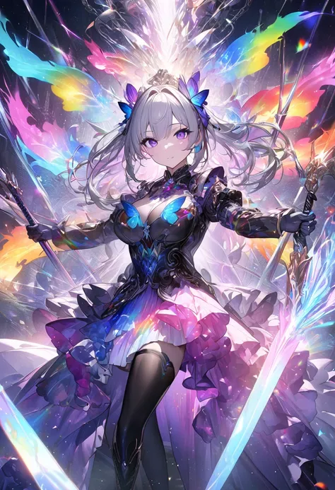 (masterpiece,  best quality :1.2,UHD,High Resolution), colorful ,  1 girl, Gray Hair,  purple eyes,  dual weeding that destroys reality , sword,  has a sword, Blue Flame, Shine, Shine武器,  light particles , wallpaper,  Chromatic Avalation,  Too Much Exposed...