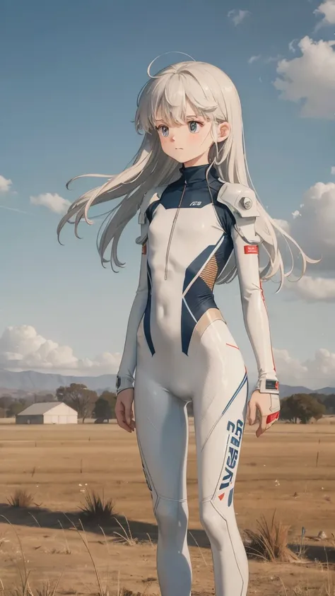 A cute yet fierce military trainee stands defiantly in an abandoned training field. Her long hair surrounds her in waves, and her pure white skinsuit hints at both innocence and confidence, as she stands wide-legged and imposing, despite a touch of shyness...