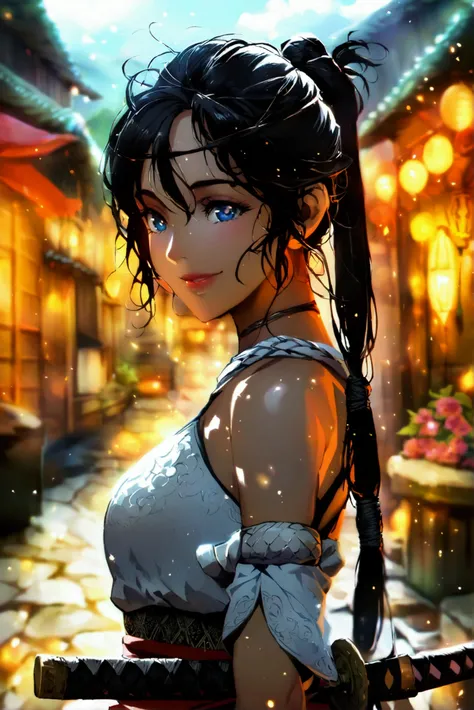 Totally anime style image. Thin woman with black hair tied up and reaching her shoulders, a lock of her hair is in front of her face. She is a swordswoman and uses a katana. She is in a village and smiles. Her eyes are dark.