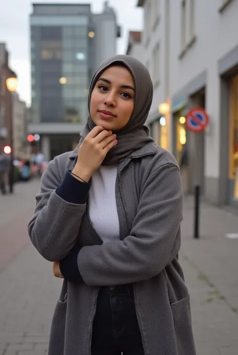 Generates a hyper realistic photograph of a beautiful, 25-year-old Iranian influencer,hijab,standing in Rotterdam., flashing her naked pussy