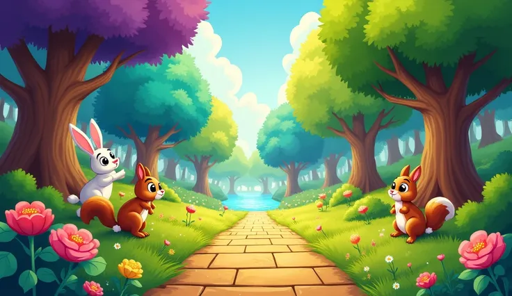 "An animated forest with a center path made of pure golden bricks. The trees are in vibrant colors like lime green, purple, and blue, with exaggerated cartoonish animals like giant bunnies and playful squirrels. The flowers are bright pink, yellow, and red...