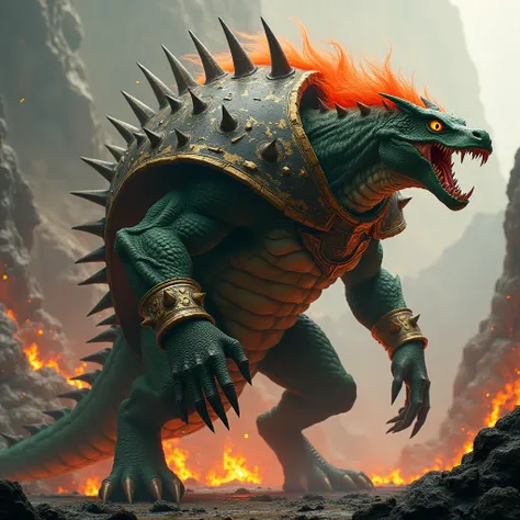  A character monstrous with reptilian and dragon features ,  of large size and imposing presence .  His skin is dark green with scaly tones ,  accented by a large and sturdy shell on his back ,  covered with pointed metal armor plates .  His shell has gold...