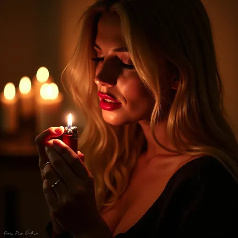  Create an image of a woman with long silky blonde hair,  bright lips in a dark red shade ,  holding a burning lighter close to her lips .  She is in an intimate setting , with candles in the background ,  creating a dramatic play of light and shade .  The...