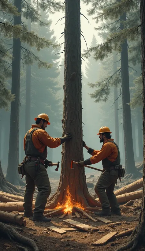 Zwei Holzfäller hacken einen Tannenbaum zu Brettern, die Holzfäller sind nicht genau zu sehen, auf dem Bild liegt kein Schnee