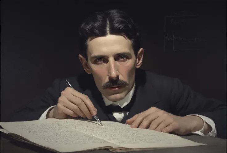 Nikola tesla looking in the front and in the background at this one with  equations 