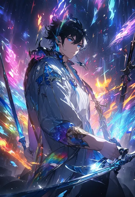 (masterpiece,  best quality :1.2,UHD,High Resolution), colorful ,  1 man,  black hair,  blue eyes,  dual weeding that destroys reality , sword,  has a sword, Blue Flame, Shine, Shine武器,  light particles , wallpaper,  Chromatic Avalation,Destroying reality、...