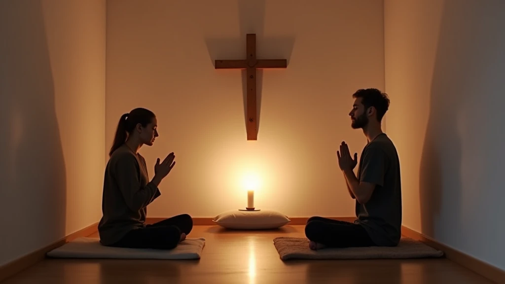 A serene minimalist prayer room bathed in the soft, warm glow of a single candle. The space is intentionally uncluttered, with clean white walls serving as a backdrop to emphasize the simplicity and purity of its purpose. At the focal point, a modest woode...