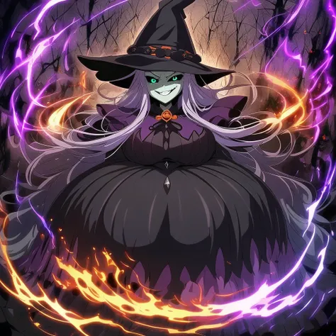 Anime, multiple girls, witches, dark witch clothes, witch hat, Red skin, Colored sclera, black sclera, green eyes, curvy body, evil grin, eyes narrows, purple flaring aura, girls surrounding 