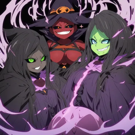 Anime, multiple girls, witches, dark witch clothes, witch hat, Red skin, Colored sclera, black sclera, green eyes, curvy body, evil grin, eyes narrows, purple flaring aura, girls surrounding 