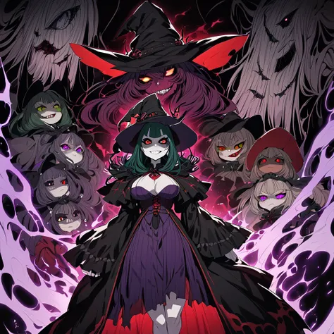 Anime, multiple girls, witches, dark witch clothes, witch hat, Red skin, Colored sclera, black sclera, green eyes, curvy body, evil grin, eyes narrows, purple flaring aura, girls surrounding 