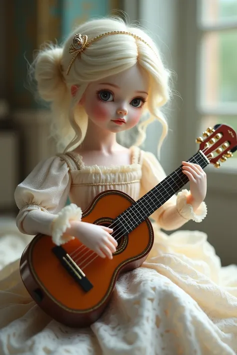 A porcelain doll style playing the guitar 