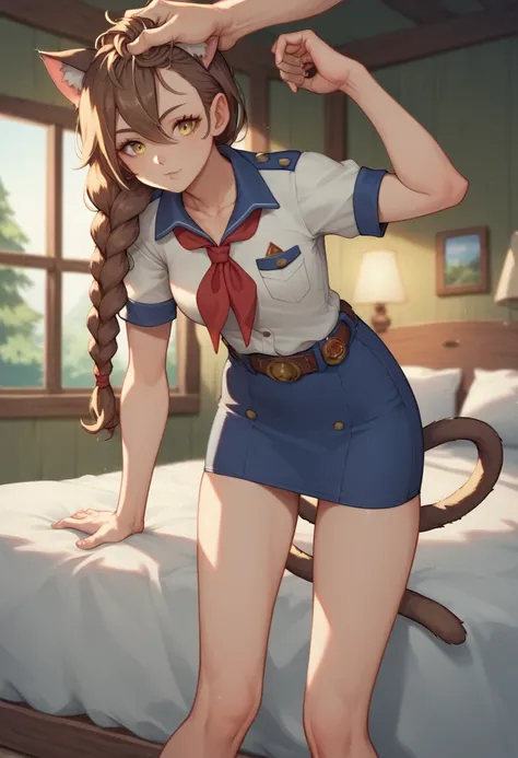 UVAO, score 9, UVAO, cat ears, cat tail, hair between eyes, bow, single braid, long hair, yellow eyes, brown hair,  bed, bedroom , Neat legs, pioneer neckerchief, bang, shirt, clavicle, very tight white shirt, Short sleeves, collared shirt, eyelashes, red ...