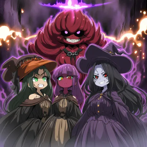 Anime, multiple girls, witches, dark witch clothes, witch hat, Red skin, Colored sclera, black sclera, green eyes, curvy body, evil grin, eyes narrows, Red skin, purple flaring aura, girls surrounding 