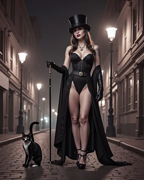 mid-thigh view, steampunk actress in black swimsuit, full length, in black top hat, with cane, against street background, black and white cat next to her, with tail up, at night, color photo