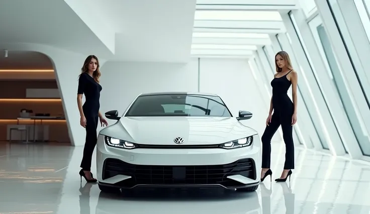 A 2025 Volkswagen Scirocco displayed in a modern showroom with sleek architectural details, bathed in bright, natural lighting. The car is pristine white with an aggressive yet elegant stance, showcasing its aerodynamic design and sporty features. On eithe...