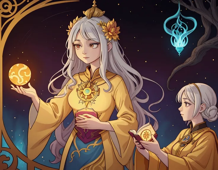 The Empress stands beside The High Priestess, both women glowing with contrasting energies. The Empress radiates warmth and golden light, her hands holding blooming flowers, while The High Priestess emits a cool, silvery glow, holding a book of secrets. Be...