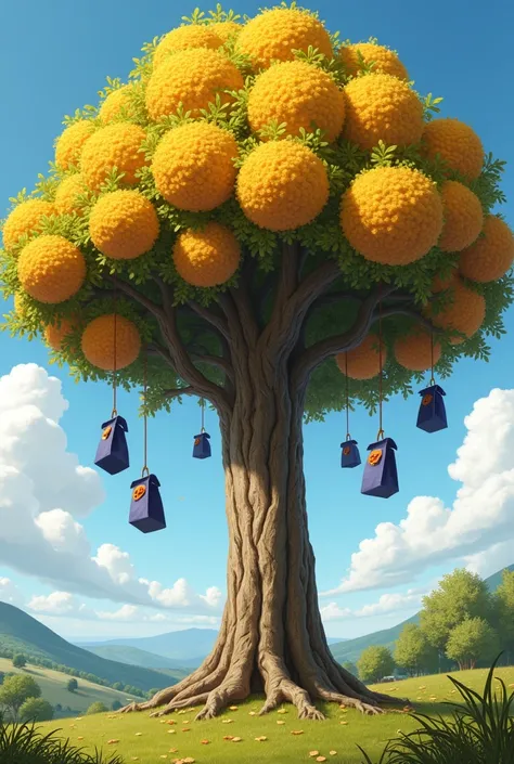 draw an extra large yellow apricot tree ,  on the apricot tree hanging dark blue gift bags
