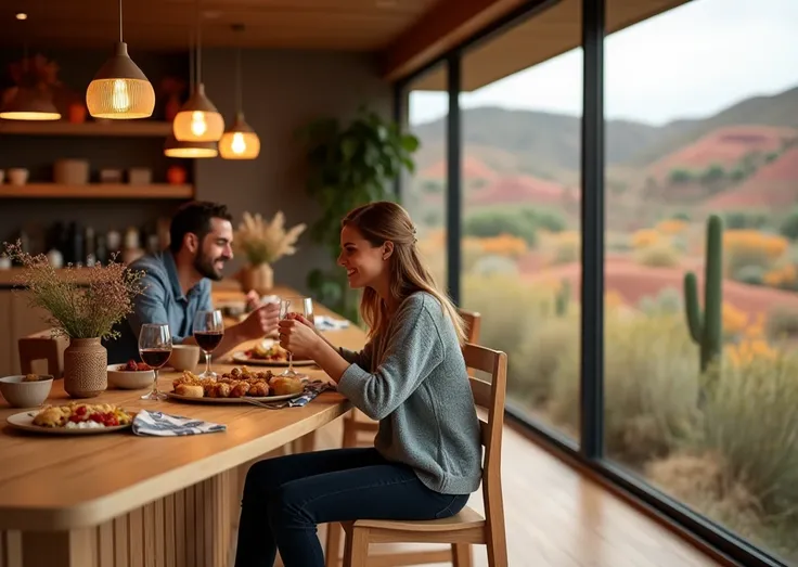 In an apart hotel-style room, an American breakfast bar is seen with a light wood bar decorated with typical Salta dishes: humitas en chala, empanadas and a glass of red wine from Cafayate. To the right of the image, a smiling couple sits on high stools, s...