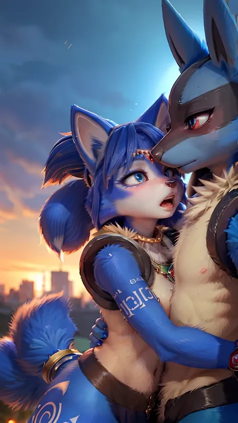 1girl, lewdzure, (((krystal:1.0))), (((Lucario male:1.0))), embracing, highly detailed, masterpiece, 8k, photorealistic, cinematic lighting, vibrant colors, fantasy, intricate details, dynamic composition, dramatic pose, emotional expression