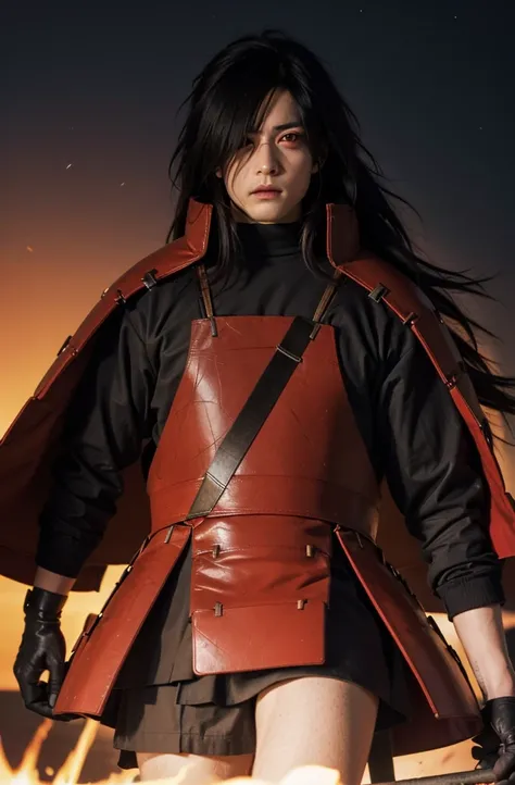 uchiha madara, long hair, hair over one eye, red eyes, magekyo sharingan eyes, glowing eyes, black gloves,  mix of ronin armor and long sleeve, night