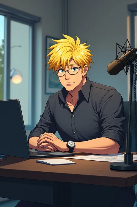 A 40-year-old anime man with yellow hair sits at a desk with a laptop and microphone
