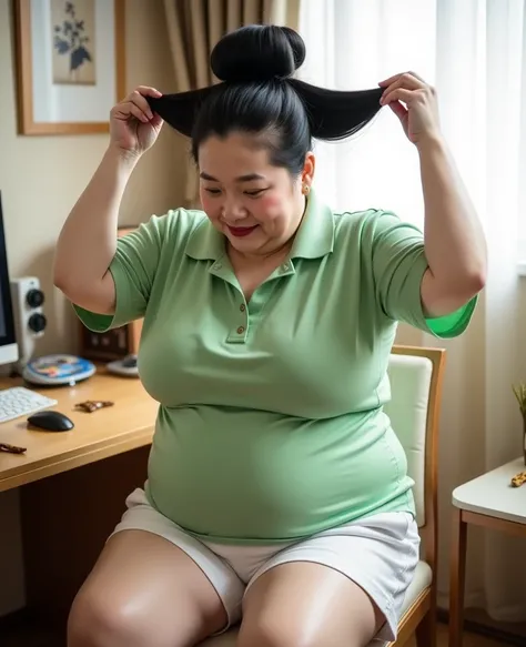 8k,Highest quality, masterpiece, Ultra-high resolution,(masterpiece:1.6, Highest quality), Intricate details, 1 female, Middle-aged woman in her 50s, japanese, full body, Arm up, top of head,((jet Black Hair)) ,((An gigantic hair bun, A huge hair bun:1.５))...