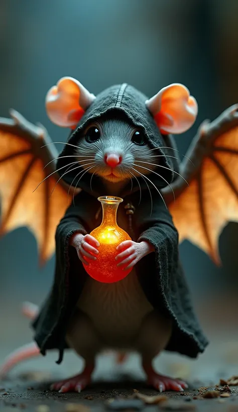 Macro photography of a tiny alchemist in a hooded cloak riding a winged rat, holding a flask of glowing liquid, rat fur and wings detailed in stunning clarity, quirky and magical, dim laboratory lighting, hyper-realistic photo mode.