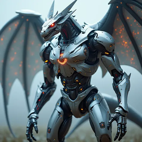  a mechanical creature with a futuristic and aggressive design ,  inspired by a cybernetic dragon .  Its metallic body is composed of a shiny alloy of silver and chrome ,  with details in matte black that accentuate its sophisticated design .  It has a ser...