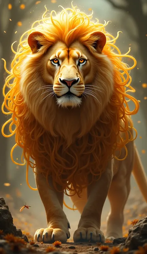 " A majestic lion with its mane made of golden noodle threads