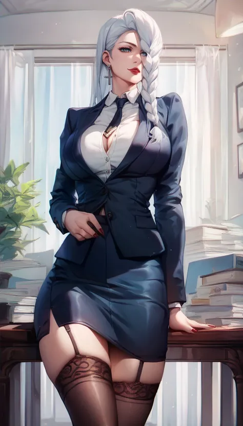 Hot beautiful mei mei, office,red lipstick,long cross Earrings,  , white hair, stockings, ,skirt,blazer, detailed, blue eyes , twin hair braid 
, stockings,big rounded breasts 

