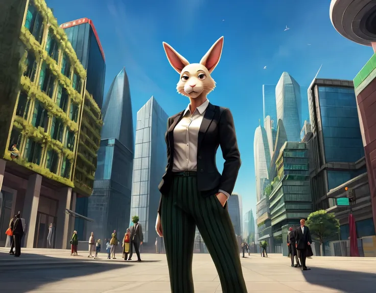 (photorealism:1.2) haru from beastars, antropomorphic female white rabbit, rabitt eyes, brown eyes, black sweater, dark green wool blazer, striped skirt, emerald bracelet, looking to viewer, serious face, with hand on pants pocket, sci-fi futuristic city p...