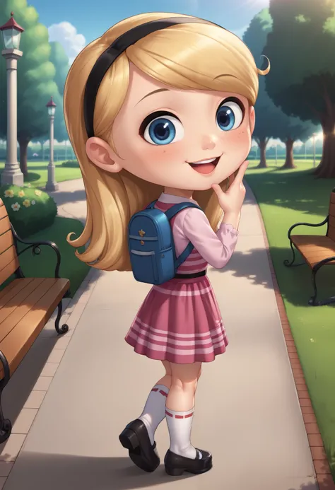 score_9, score_8_up, score_7_up, source_anime, best quality, masterpiece, highly detailed, 1girl, full body, solo, penny peterson, long hair, blue eyes, freckles, blonde hair, shirt, skirt, hairband, black hairband, white socks, dress, pink dress, long sle...