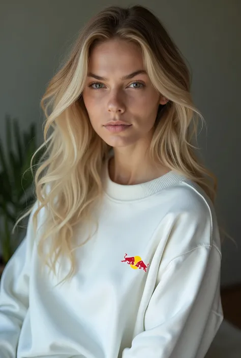 Grey-eyed blonde girl  , beautiful, medium breasts ,  white sweatshirt with small redbull logo. 