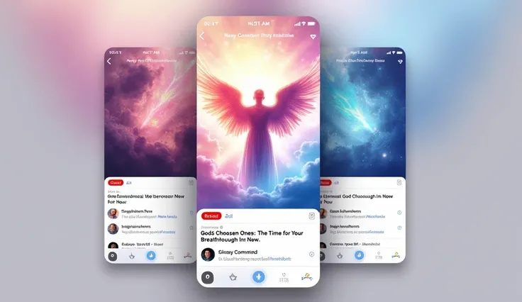 A colorful digital image of a mobile app interface, featuring a banner promoting "Gods Chosen Ones: The Time for Your Breakthrough Is Now."  The banner displays a vibrant, ethereal image of a winged figure, seemingly an angel, centered in a swirling nebula...