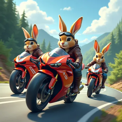 3 rabbits riding with superbikes