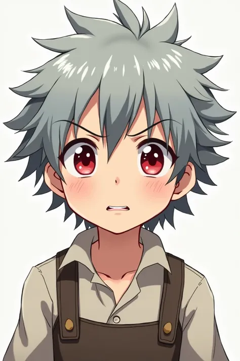 A anime boy at a age of 7 with Siver hair and crime eyes, clothes like farmer village clothes and the anime is act mean or angry and shy ,a anime hair is similar to a MC in isekai world or recarnation