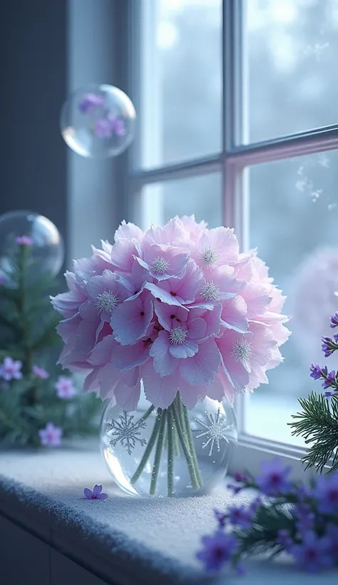 candle aroma ,
 detailed
snowflakes and purple ,
tender, Air,
large, transparent hydrangea flowers and Christmas flowers 
huge balloons on a frozen window
closeup,
patterns, Spruce branches,
 frame depth ,  sparkling powder radiance ,  gloss
frosty 
white ...