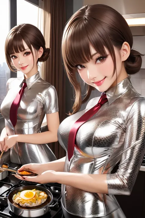 Mother and young daughter,  masterpiece, Lens reflection, Reflected light, Buttoned snake pattern in extremely tight shiny latex blouse,  high resolution , Make-up,  seductive smile , Are in the apartment and while cooking,  brown hair , Bangs, Necktie,Bre...