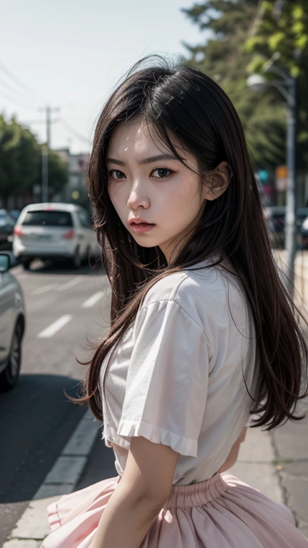 A close-up shot of a angry and fierce-looking Asian woman with long black hair practicing jump shooting with hi-tech gun in the wind, wearing a pastel-colored cute cosplay outfit featuring a frilly skirt and a themed top. She is equipped with protective bl...