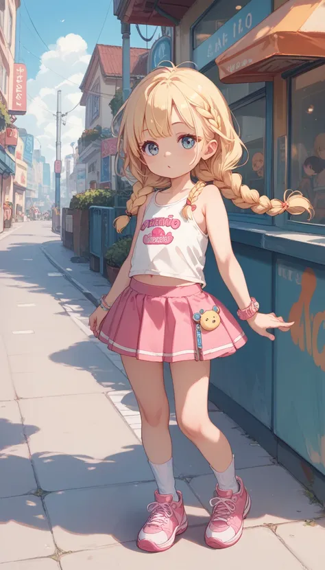 small toddler loli, long yellow braided hair , short white tank top, short pink skirt, white socks,  pink sneakers , stands on the sidewalk in a metropolis