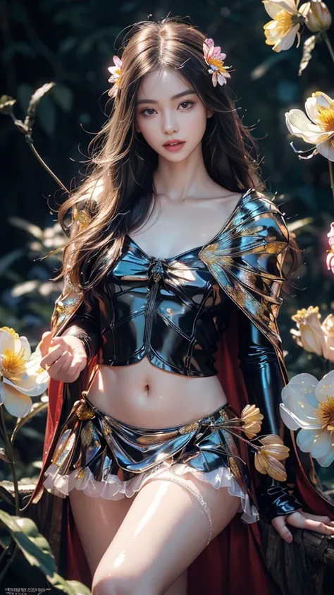 8k, masterpiece, 1 girl, beautiful face, very long hair, light makeup, (glossy skin:1.5), detailed eyes, detailed lips, small bust, short clothing, dragonfly, ((black dragonfly clothing)), ((dragonfly petticoat)), ((flowing cape)), ((navel)), light clothin...