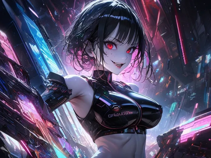 (masterpiece, Best quality), 1 girl in motion, action battle pose, portrait very detailed face, red eyes, evil smile, very sexy, Volume, (finely detailed leather), pale skin, (in a deep, sexy, highly detailed, futuristic cyberpunk black crop top and briefs...