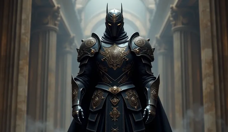 Create a picture of me wearing full black armor in a big square and looking majestic