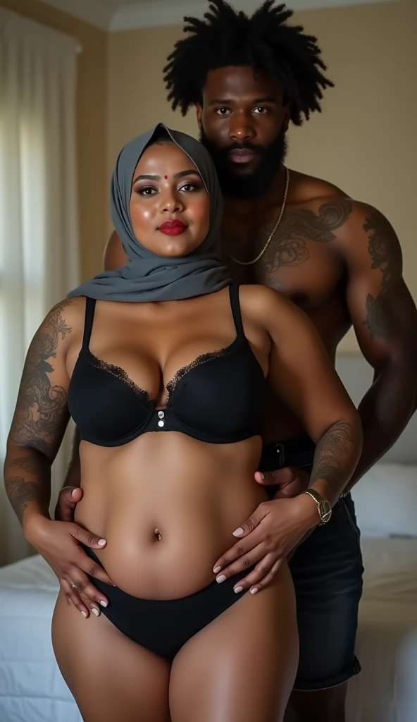 1 South Indian very thick wife with a perfect hourglass shape, wearing a black bra , black thongs.and a grey hijab, She has big breasts, thick thighs, and a big butt. Her body has very very bold text by ( red lipstick) that read  Heena and Brown  on her bi...