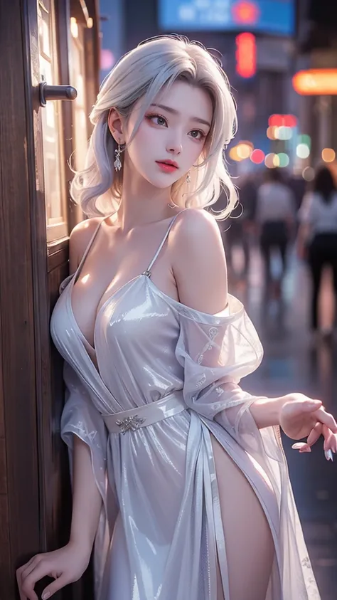 Best quality, masterpiece, ultra high resolution, (Reality:1.4), Original photo, Aesthetics and atmosphere, hidden gun, Film Grain, Soft Focus, Bokeh, Night Shooting, masterpiece realistic volumetric light,,1 girl, Purple Eyes, White hair, curls, giggle, (...