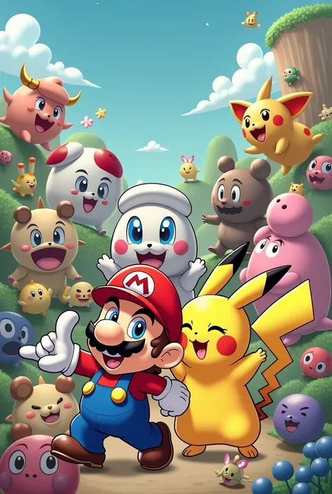 Create a -friendly picture with various comic characters such as Mario Pikatchu etc. 