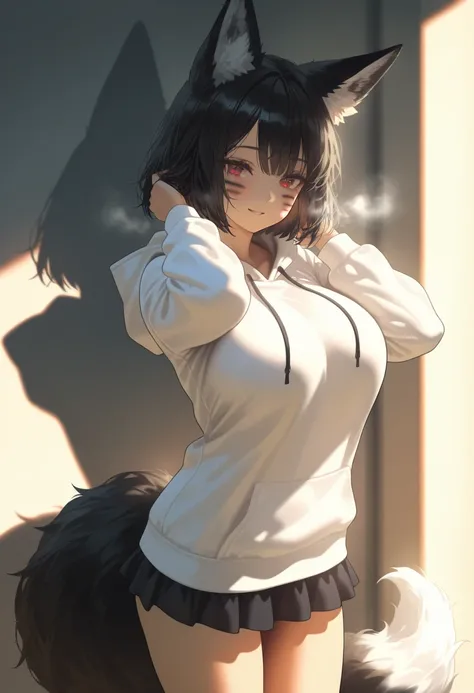 1 girl, solo, fox girl, fox ears, fox tail, calm face, visible breath, black hair, fur, fluffy tail, face marks, black marks, red eyes, short hair, big breast, hand in hair, peace sign, 5 fingers, white hoodie, small skirt, cinematic light, afternoon, mast...