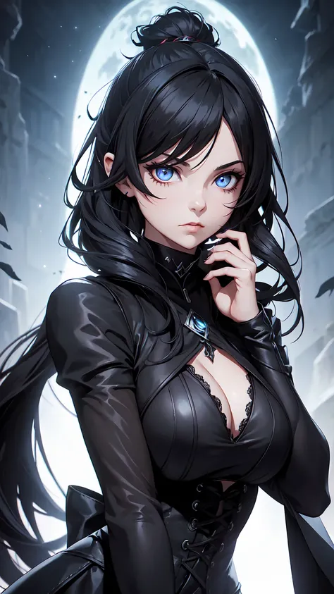 female, gothic style, black hair, glowing eyes, wearing a choker, wearing black robes, heavy eyeliner, like Morgana from Dragon Age, long messy wavy hair in a ponytail, night, at night with dark sky, light rays from bright moon, glowing light particles in ...